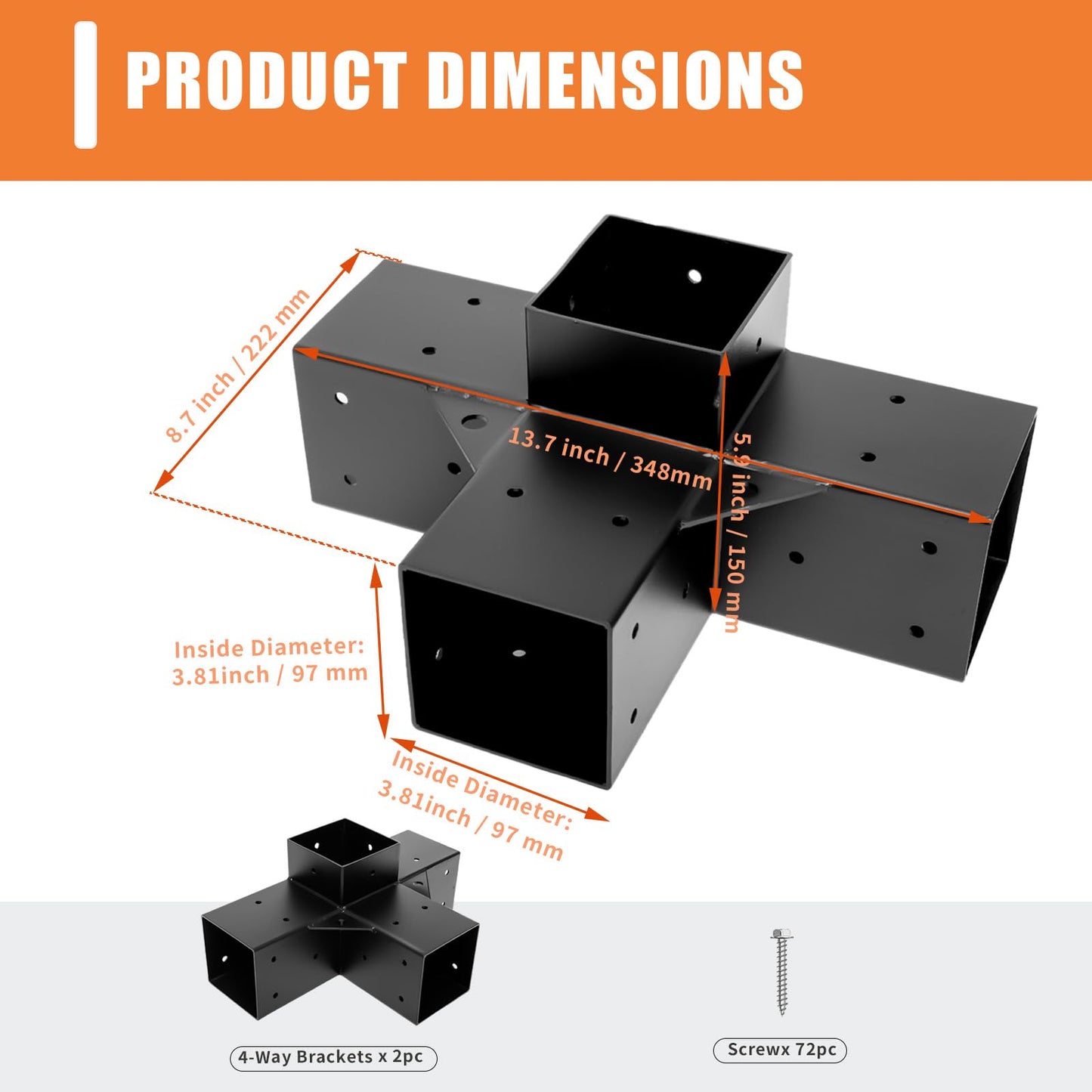 TOPTGO Pergola Brackets 4x4 (Actual: 3.5x3.5 in),2 Pack 4-Way Right Angle Corner Bracket Pergola Kit for Wooden Beams Lumber Gazebos Patio Pergola Sheds