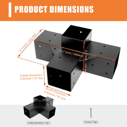 TOPTGO Pergola Brackets 4x4 (Actual: 3.5x3.5 in),2 Pack 4-Way Right Angle Corner Bracket Pergola Kit for Wooden Beams Lumber Gazebos Patio Pergola Sheds