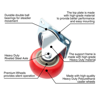 8 Pack 3 Inch Combo Caster Swivel Plate 4 w/Brake & 4 Plate Heavy Duty on Red PU Wheels with Heavy Duty Screws