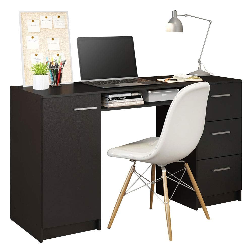 Madesa Computer Desk with 3 Drawers, 1 Door and 1 Storage Shelf, Wood Writing Home Office Workstation, Office Desk with Drawers - 30” H x 18” D x 53” W - Black Madesa