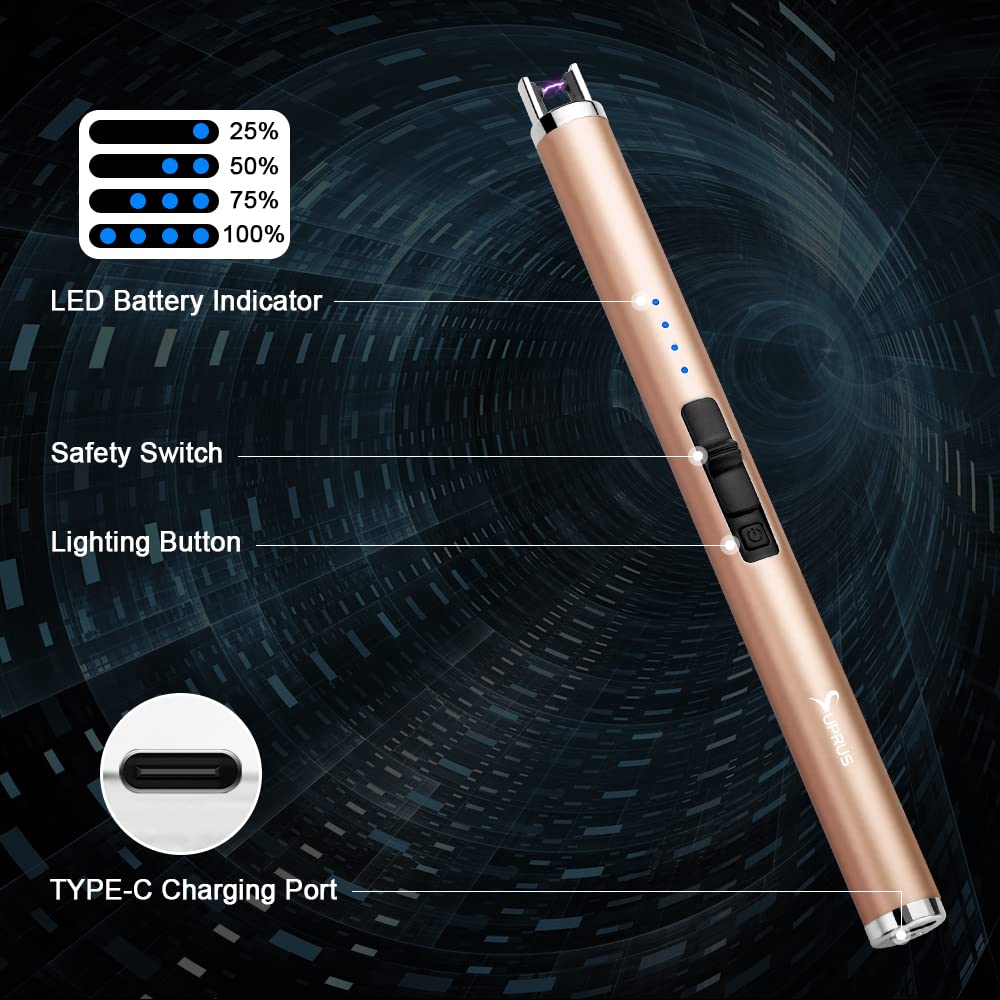 SUPRUS Electric Lighter Candle Type C Rechargeable Lighter with Upgraded LED Battery Display Safety Switch Flameless Plasma Windproof for Candle Cooking BBQs Fireworks (Champagne Gold) SUPRUS