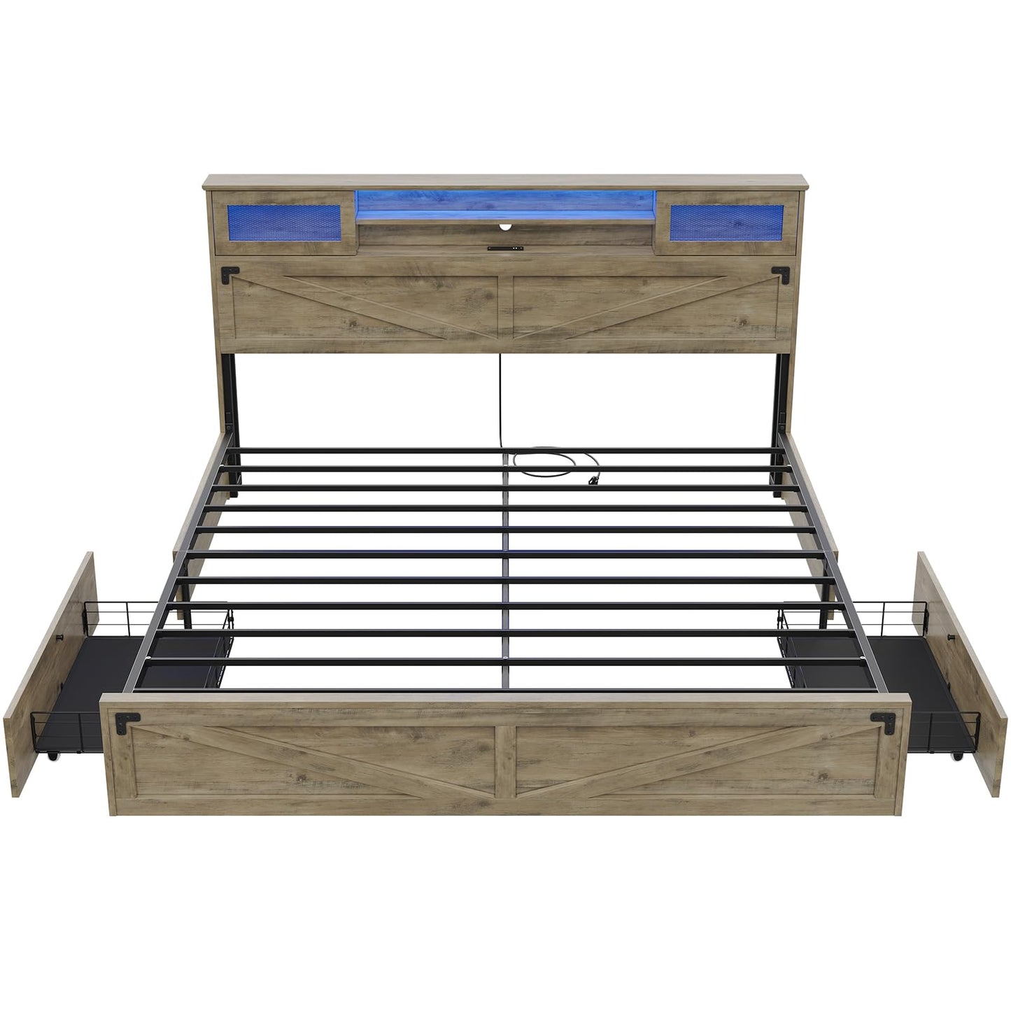 Hasuit Rustic Brown King Size Farmhouse Bed Frame with Bookcase Headboard, LED Lights, and Built-in Charging Station - WoodArtSupply