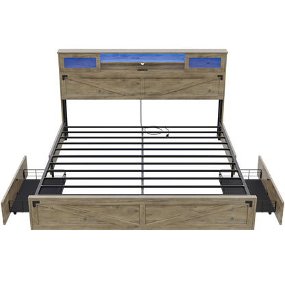 Hasuit Rustic Brown King Size Farmhouse Bed Frame with Bookcase Headboard, LED Lights, and Built-in Charging Station - WoodArtSupply