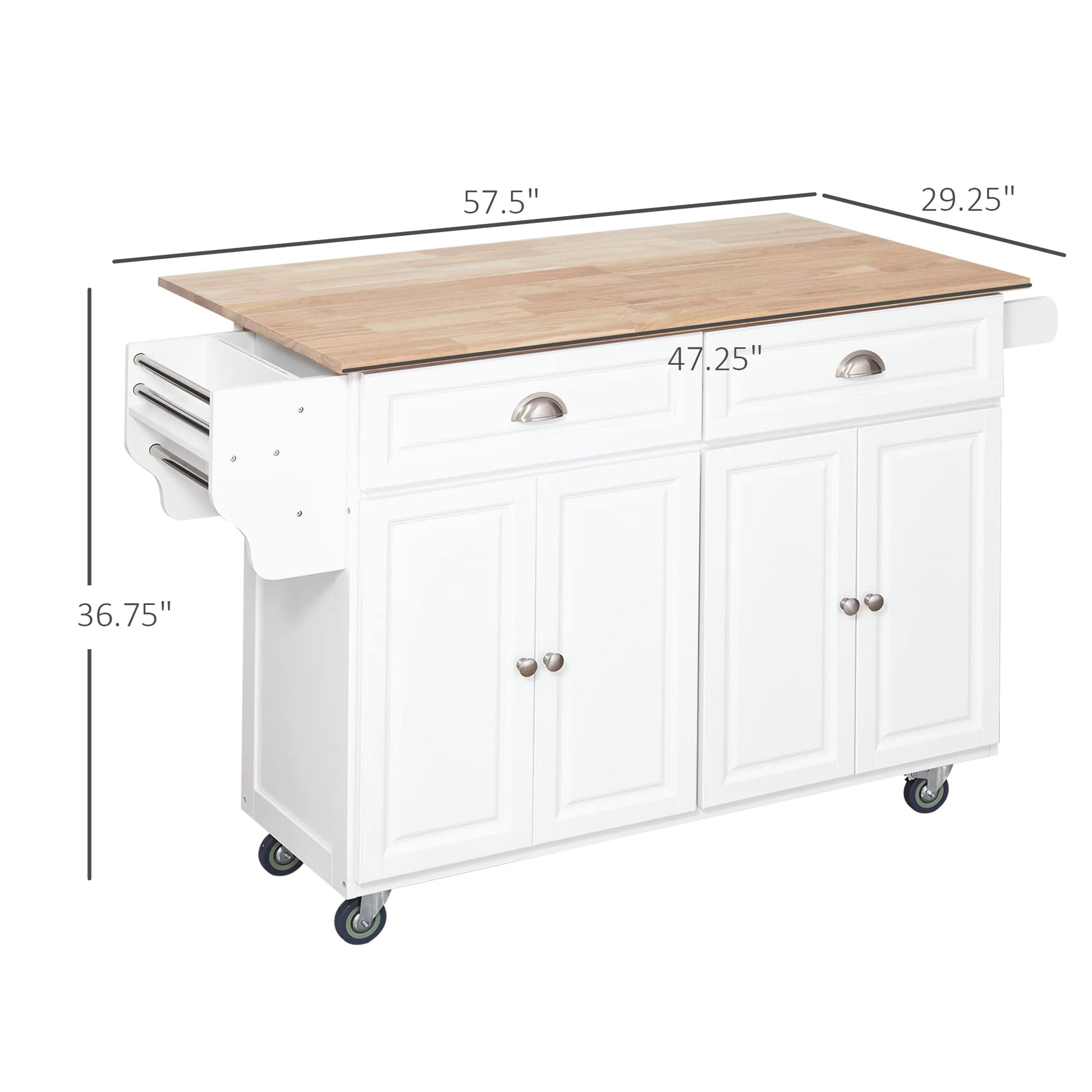 HOMCOM Rolling Kitchen Island Drop Leaf, Kitchen Cart on Wheels, Solid Wood Top Breakfast Nook with Storage Drawers, 4-Door Cabinets and Spice Rack, White - WoodArtSupply