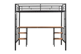 LINKHOO Twin Size Loft Bed with Table & Shelves, Heavy-Duty Metal Bed Frame with 2 Side Ladders, Safety Guardrail for Guest Room, Bedroom, No Box Spring Needed, Black LINKHOO
