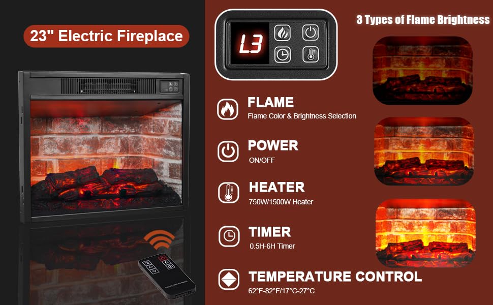 72" Electric Fireplace with Mantel, Farmhouse TV Stand for TVs Up to 80 Inch, White Entertainment Center with Storage for Bedroom,23'' Red Brick Fireplace Insert Heater with LED Flame for Living Room BOSHIRO