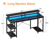 ODK 55 inch Gaming Desk with LED Lights & Power Outlets, Computer Desk with Monitor Stand & Storage Sheves, CPU Stand, Home Office Desk, Black ODK