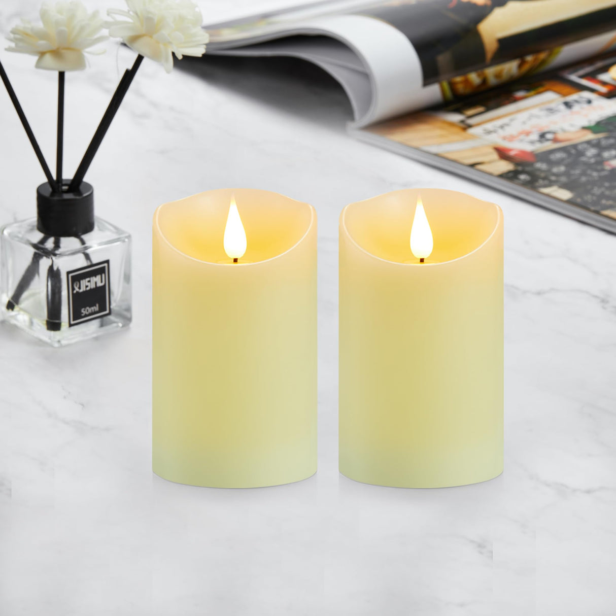 Guluto Rechargeable Candles, 3" x 6", Set of 2, Flameless Candles with Remote and Timer, led Pillar Candles Real Wax 3D Wick, led Ivory Candles for Home, Wedding, Birthday Guluto