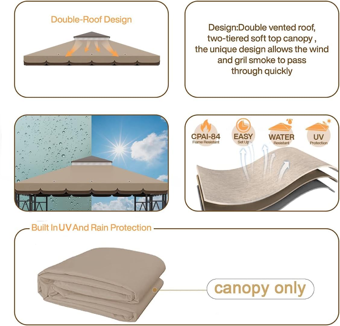 Morikoro 10x10 Canopy Replacement Top Canopy Cover Replacement 10x10 FT Double Tiered Gazebo Covers for Yard Patio Garden Canopy Sunshade (Coffee Liqueur+Brown with lace) Morikoro