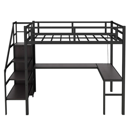 Metal Twin XL Size Loft Bed with Desk and Wardrobe,Heavy Duty Loft Bed Frame with Storage Stairs,LED Loft Bed Twin XL with Charging Station, Space Saving Loft Bed Twin XL for Kids,Teens,Adults,Black