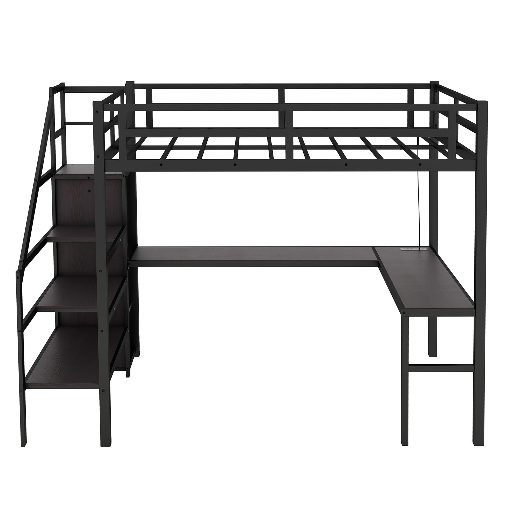 RuiSiSi Twin XL Metal Loft Bed with Wardrobe, L-shaped Desk, USB Charging, and LED Lights - Black - WoodArtSupply