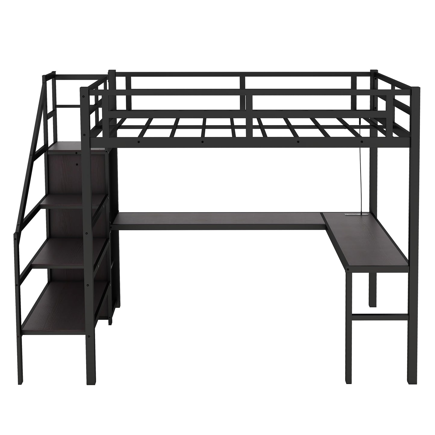 Full-Size Metal Loft Bed with Integrated Desk, Wardrobe, and LED Lighting - WoodArtSupply