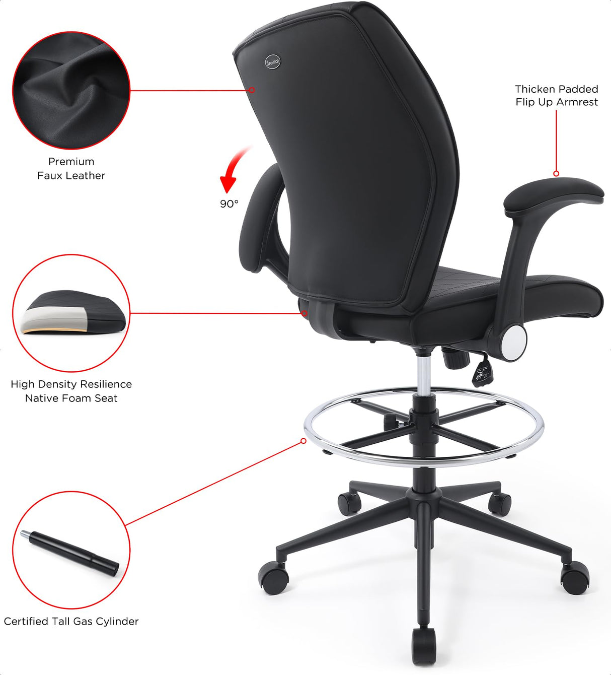 Ergonomic Mid-Back Leather Adjustable Drafting Chair with Flip-up Arms and Foot Ring, Standing-Desk Matched Tall Swivel Computer Office Stool, Black CHAIRMAN