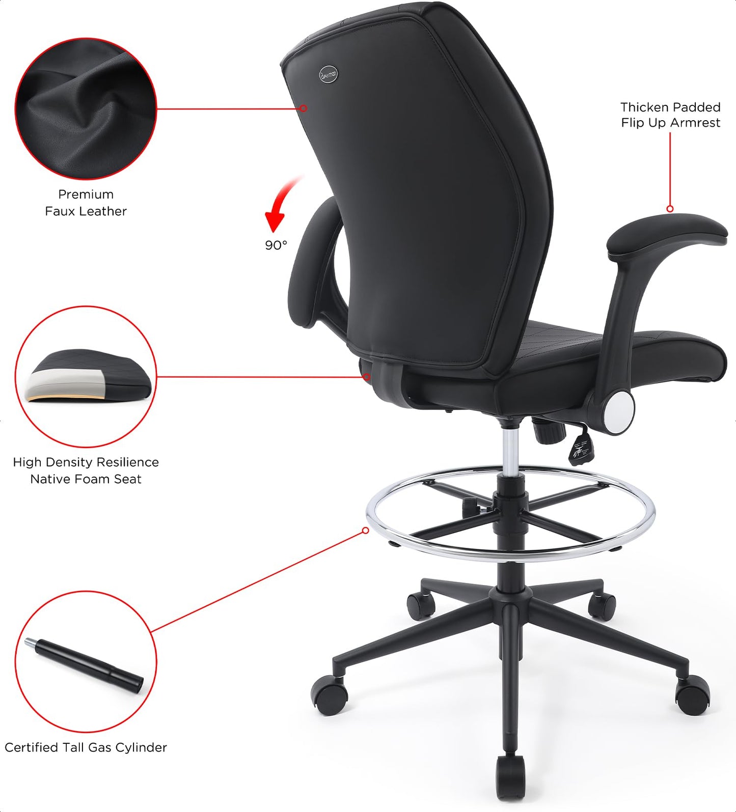 Ergonomic Mid-Back Leather Adjustable Drafting Chair with Flip-up Arms and Foot Ring, Standing-Desk Matched Tall Swivel Computer Office Stool, Black