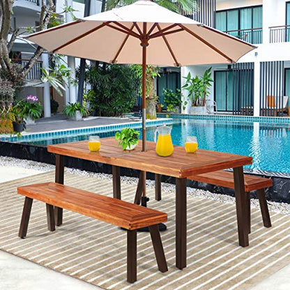 Tangkula Outdoor Acacia Wood Bench, Patio Dining Bench Picnic Bench with Steel Legs, Wooden Bench for Porch Garden Poolside Living Room Balcony, Ideal for Indoor & Outdoor Use (1, Teak)