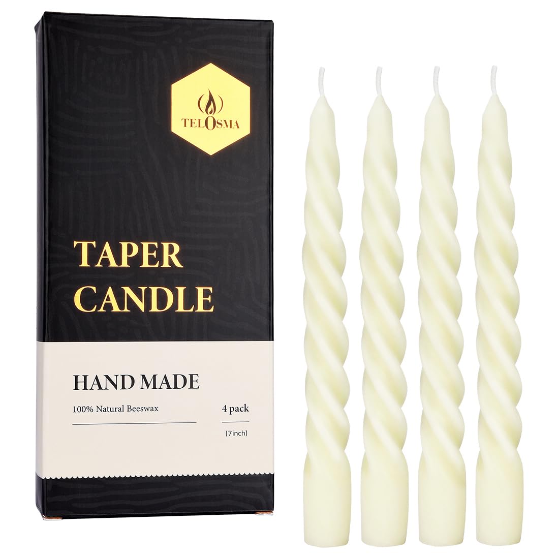 Beeswax Taper Candles Set of 4,Spiral Taper Candle Dripless Short Candle Sticks for Dinner Wedding Party Christmas Home Decorations - 7 inch in Height- Off White TELOSMA