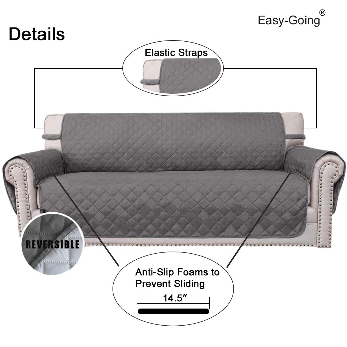 Easy-Going Reversible Loveseat Couch Cover for 2 Cushion Couch Sofa Cover for Dogs Water Resistant Furniture Protector with Foam Sticks Elastic Straps for Pet (Loveseat, Gray/Light Gray) Easy-Going