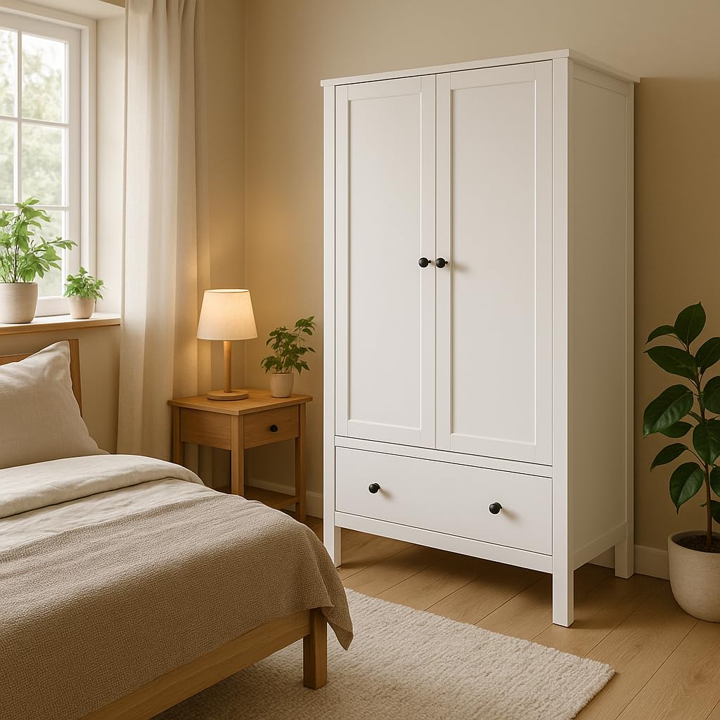 Panana Modern Wooden 2 Doors Wardrobe Double Wardrobe with 1 Storage Drawer Armoires Clothing Storage Cabinet for Bedroom (White) Panana