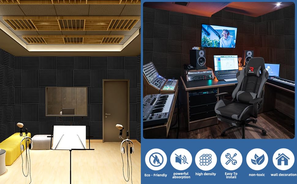 100 Pack Acoustic Foam Panels Premium Sound Proof Foam Panels Black Soundproof Wall Panels High Density Acoustic Panels Sound Absorbing for Studio Office Home, 12 x 12x 1Inch shipxinfuren