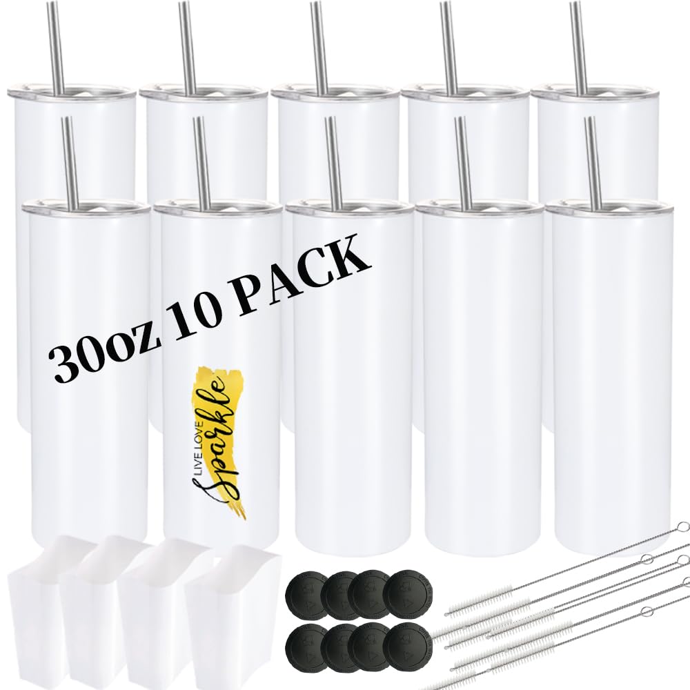 YOUKE OLA 10 Pack Sublimation Tumblers Bulk 30oz - Blanks Straight Skinny Tumbler White Stainless Steel Insulated Sublimation Tumblers Polymer Coating for Heat Transfer with Straws, Lids - WoodArtSupply