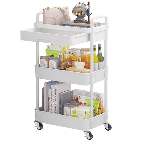 Calmootey 3-Tier Rolling Utility Cart with Drawer,Multifunctional Storage Organizer with Plastic Shelf & Metal Wheels,Storage Cart for Kitchen,Bathroom,Living Room,Office,White Calmootey