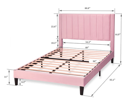 Allewie Queen Platform Bed Frame/Velvet Upholstered Bed Frame with Vertical Channel Tufted Headboard/Strong Wooden Slats/Mattress Foundation/Box Spring Optional/Easy Assembly/Pink