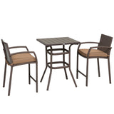 Outsunny 3 PCS Rattan Wicker Bar Set with Wood Grain Top Table and 2 Bar Stools for Outdoor, Patio, Poolside, Garden, Brown Outsunny