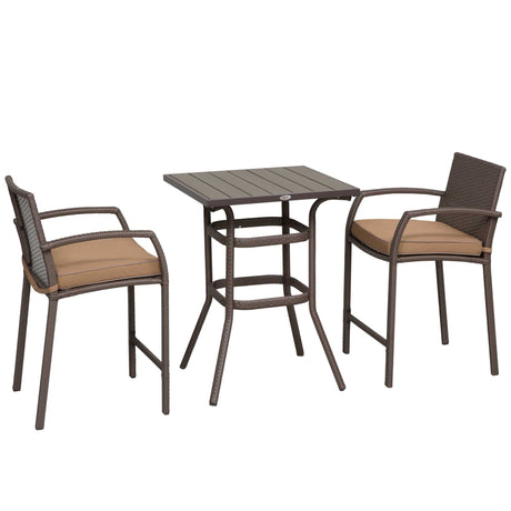 Outsunny 3 PCS Rattan Wicker Bar Set with Wood Grain Top Table and 2 Bar Stools for Outdoor, Patio, Poolside, Garden, Brown Outsunny