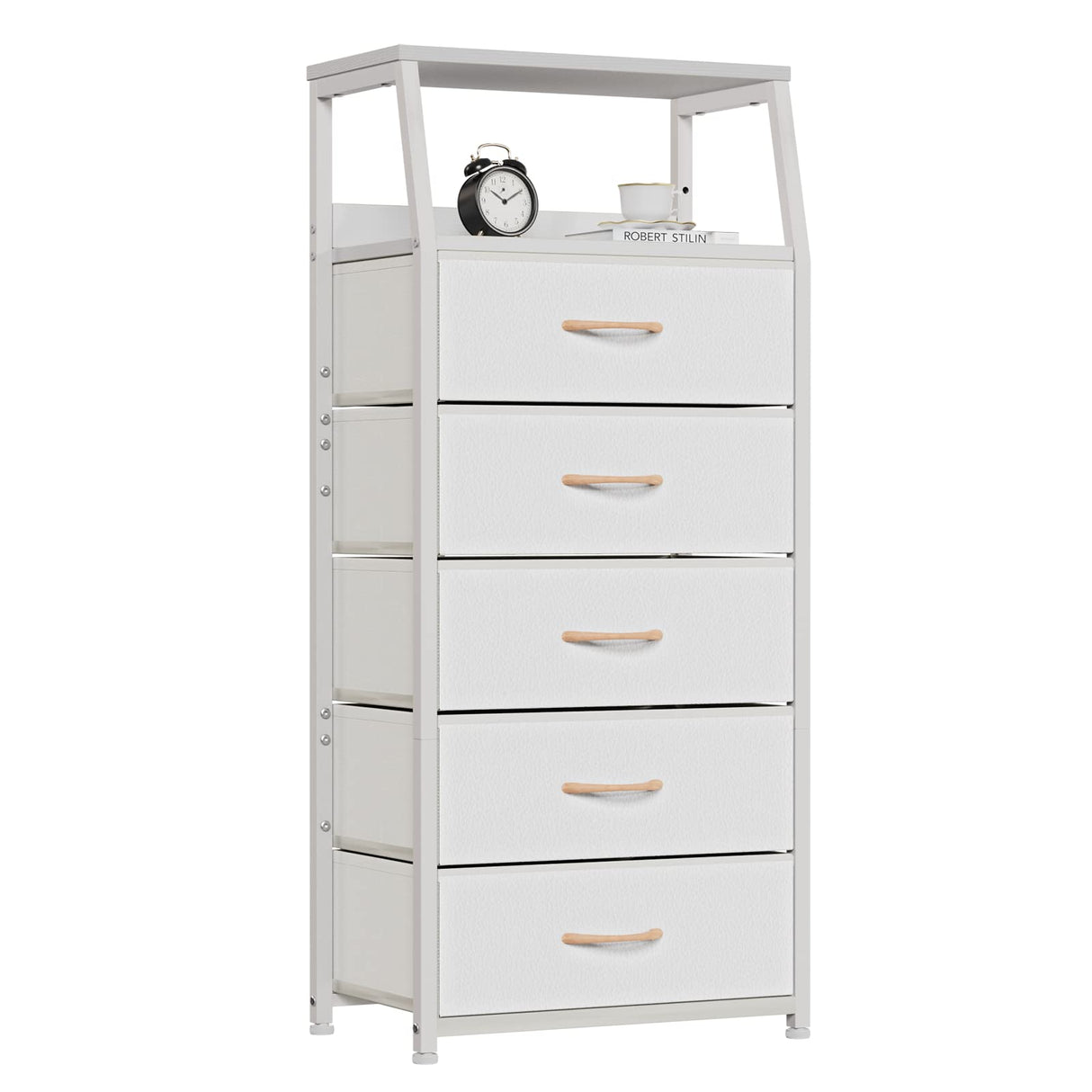 Furnulem White Dresser with 5 Drawers, Vertical Storage Tower Fabric Dresser for Bedroom, Hallway, Entryway, Nursery, Closet Organizer, Nightstand Bedside Table Furniture, Sturdy Steel Frame, Wood Top Furnulem