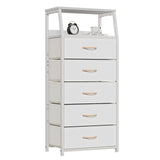 Furnulem White Dresser with 5 Drawers, Vertical Storage Tower Fabric Dresser for Bedroom, Hallway, Entryway, Nursery, Closet Organizer, Nightstand Bedside Table Furniture, Sturdy Steel Frame, Wood Top Furnulem