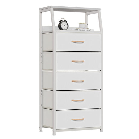 Furnulem White Dresser with 5 Drawers, Vertical Storage Tower Fabric Dresser for Bedroom, Hallway, Entryway, Nursery, Closet Organizer, Nightstand Bedside Table Furniture, Sturdy Steel Frame, Wood Top Furnulem