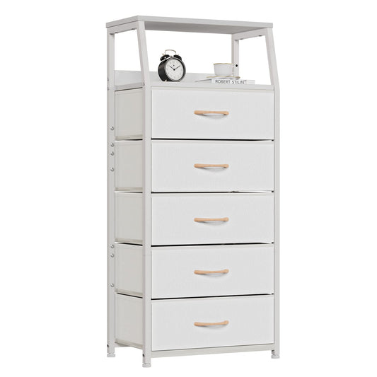 Furnulem White Dresser with 5 Drawers, Vertical Storage Tower Fabric Dresser for Bedroom, Hallway, Entryway, Nursery, Closet Organizer, Nightstand Bedside Table Furniture, Sturdy Steel Frame, - WoodArtSupply