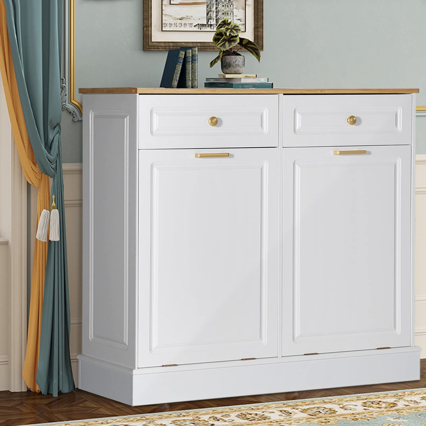 ONG Double Kitchen Trash Cabinets Tilt Out Trash Cabinets with Two Hideaway Trash Holder, Free Standing Kitchen Wooden Trash Can Recycling Cabinet with Two Solid Wood Drawers (White) - WoodArtSupply