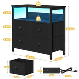 Yoobure Night Stand with Charge Station, Nightstand with 4 Drawers Bedside Table, LED Dresser with Storage Shelf, Night Stands for Bedroom, Side Table 3-Tier Wood End Table for Home, Office Black Yoobure