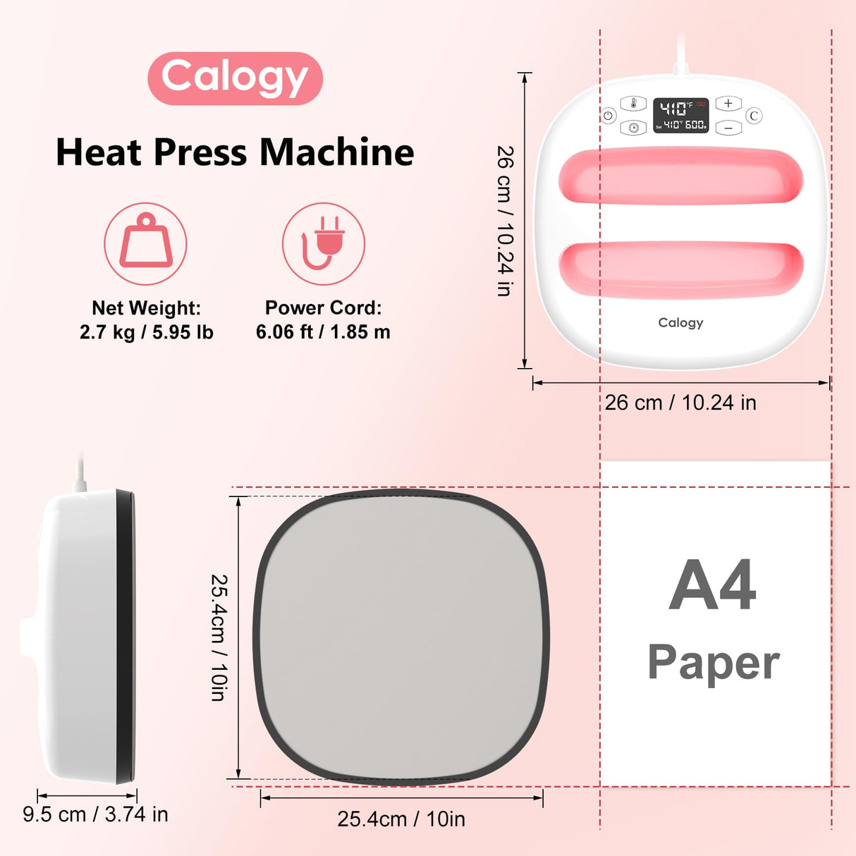 Calogy Heat Press Machine for T-Shirts 10"X10", Portable Heat Press Fast Heat Up to 410℉(210ºC), Precise Temp Control, 15 Mins Auto Off Heat Transfer Printer for Bag, Pillow, Apron, Vinyl(White Pink) Calogy
