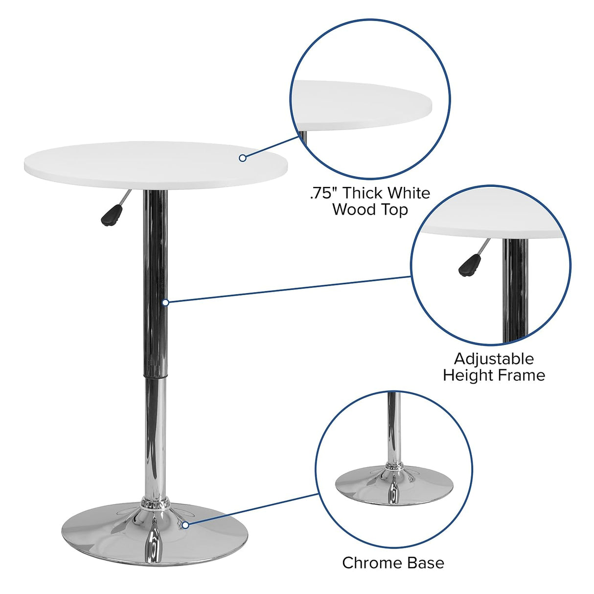 Flash Furniture Pearl 23.75'' Round Wood Dining Table with Chrome Base, Narrow Round Wood Cocktail Table, Adjusts 26.25'' - 35.75"H, White/Silver Flash Furniture