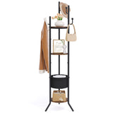 Hoctieon Coat Rack Freestanding, Round Coat Rack with 3 Wooden Shelves and 1 Fabric Basket, Metal Clothes Tree with 5 Hooks, Coat Hanger Stand for Clothes, Hats, Bags, Brown and Black Hoctieon