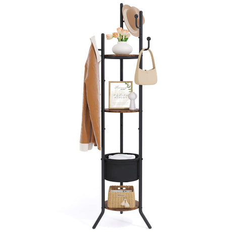 Hoctieon Coat Rack Freestanding, Round Coat Rack with 3 Wooden Shelves and 1 Fabric Basket, Metal Clothes Tree with 5 Hooks, Coat Hanger Stand for Clothes, Hats, Bags, Brown and Black Hoctieon