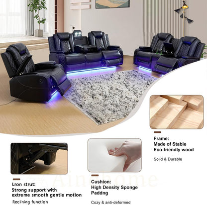 AYCP Multifunction Power Air Leather Recliner Sofa Set with LED Lights, Living Room Furniture, Reclining Sofa, loveseat, Chair with USB Port/Storage Console/Cup Holders (Black, 3 Pieces)