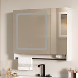 ChooChoo Lighted Bathroom Medicine Cabinet with Mirror, Wall-Mounted Bathroom Wall Cabinet with Mirror Doors, LED Lights, Adjustable Shelves, Towel Bar, White ChooChoo