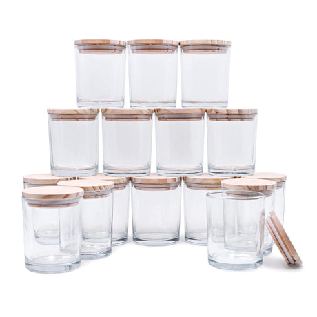 SHOWIN Thick Candle Jars for Making Candles 16 Pcs, 7 OZ Empty Jars with Wood Lids for Candle Making, Sample Container, Clear SHOWIN