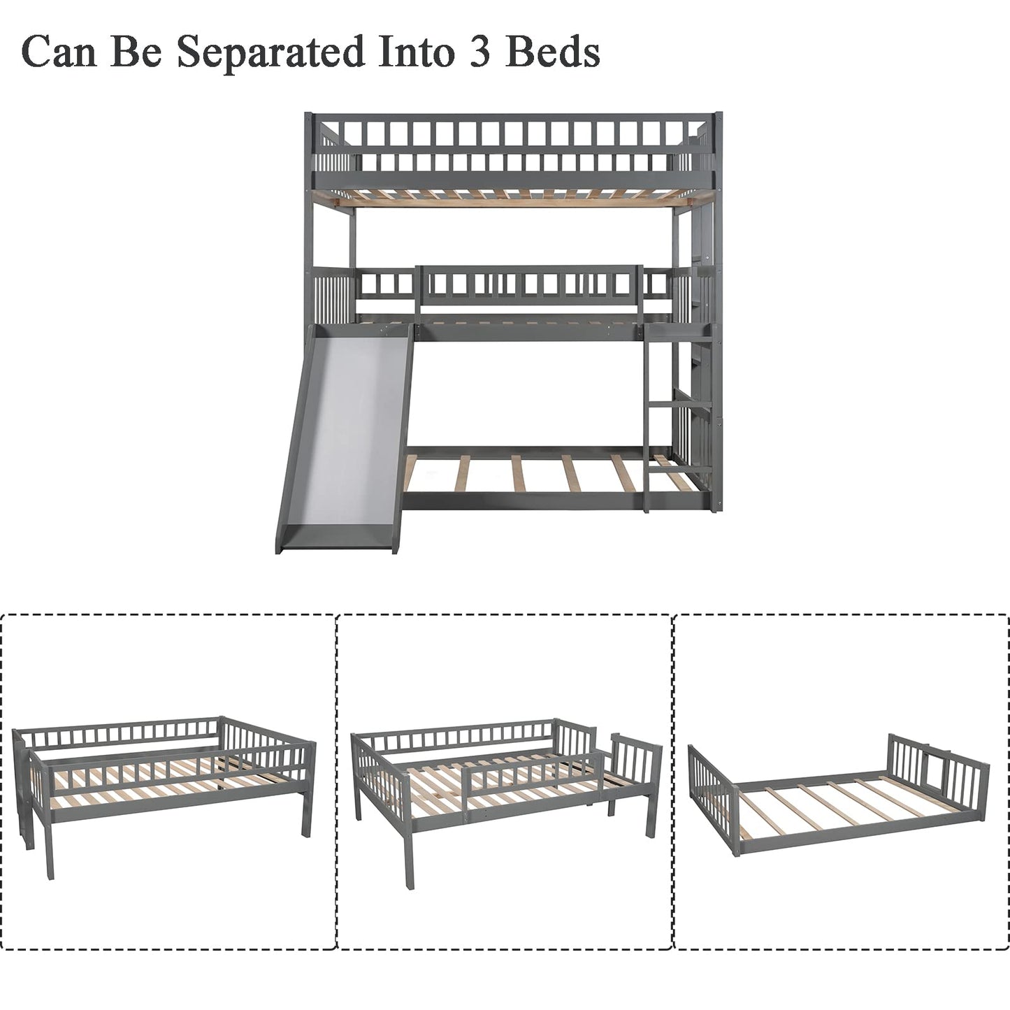 Triple Bunk Bed with Slide, Full Over Full Over Full Bunk Bed Convertible Triple Beds for Kids/Teens/Adults, Gray