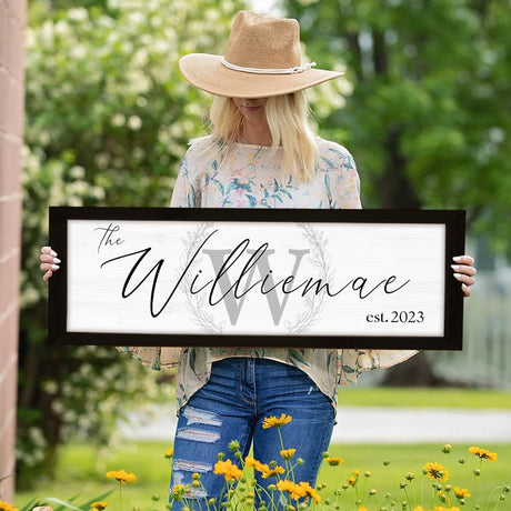 Last Name Signs for Home | Personalized Framed Wooden Family Name Sign for Home Decor Wall | Custom Wood Signs | Monogram Name Wall Decor | Established Wood Sign (Black Frame, Monogram) YATIE