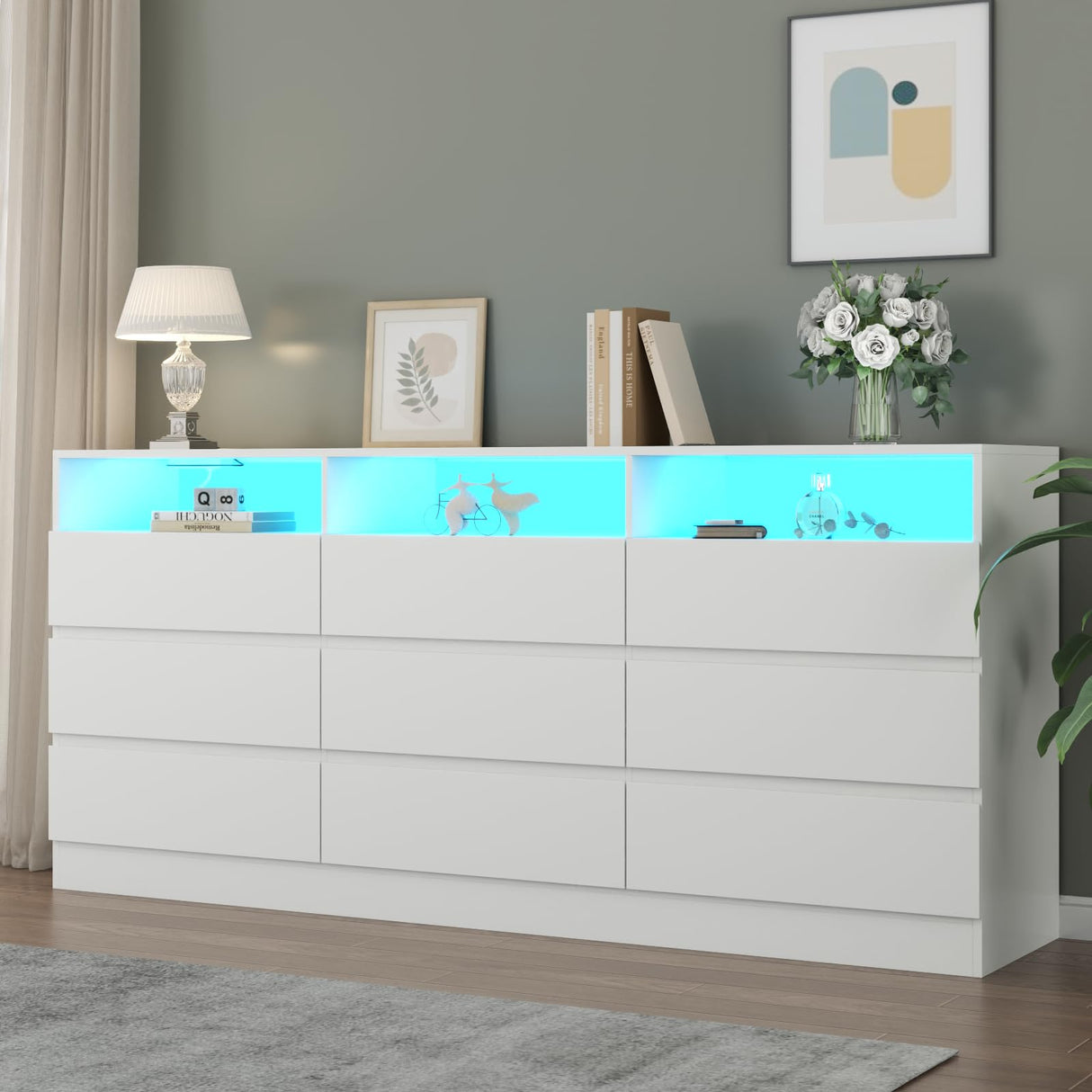 Gyfimoie 9 Drawer Dresser with Power Outlet and LED Light, Modern Storage Dresser for Bedroom, Living Room Gyfimoie