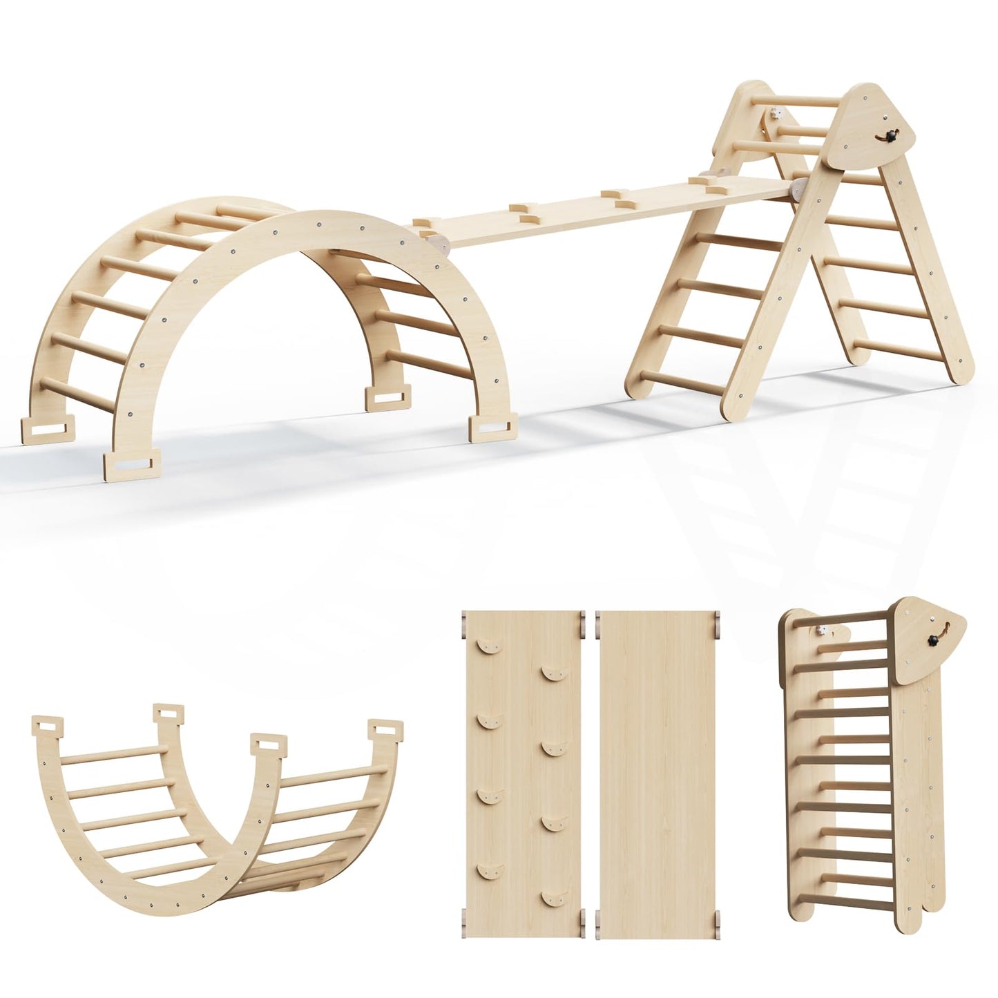 CMFYDAILY Large Pikler Triangle Set, 5 in 1 Foldable Baby Climbing Gym Indoor Montessori Climbing Set Wooden Toddler Climbing Toys with Arch, Ramp, Ladder