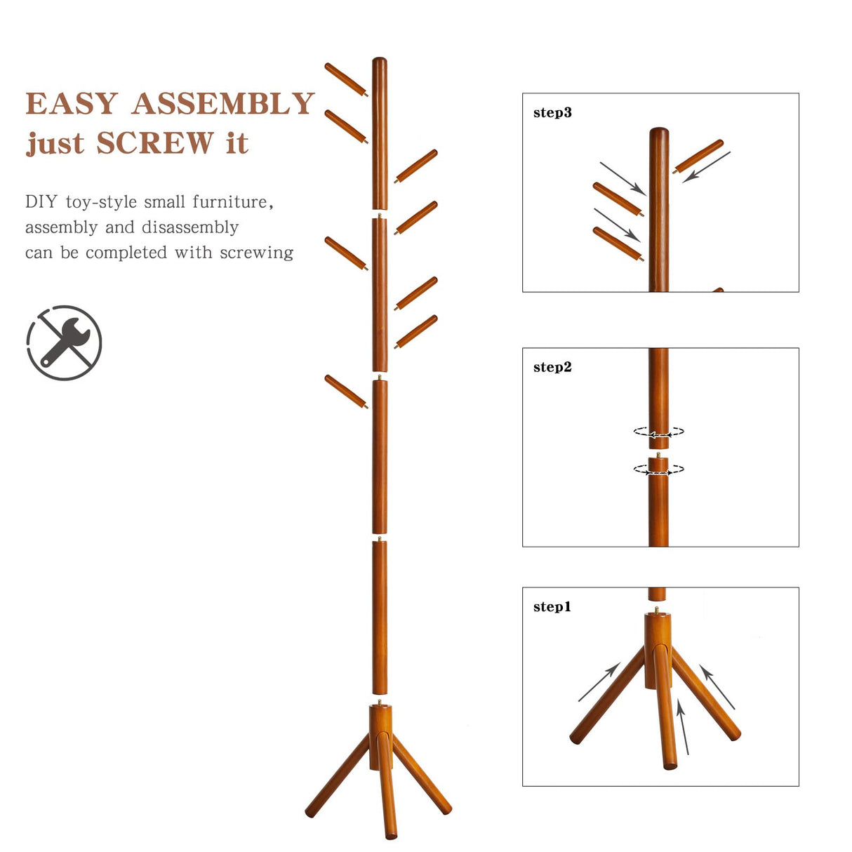 Aibiju Wood Coat Rack Freestanding, Coat Tree with 8 Hooks, 3 Height Options, Suitable for Kids and Adult, Coat Stand for Bedroom Office Entrance Brown YD-1006 Aibiju