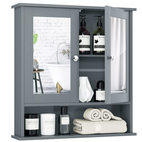 Tangkula Bathroom Medicine Cabinet with Mirror, Wall Mounted Wooden Hanging Organizer with Doors and Shelves, Bathroom Wall Mirror Cabinet (Mirror Doors, Gray) Tangkula