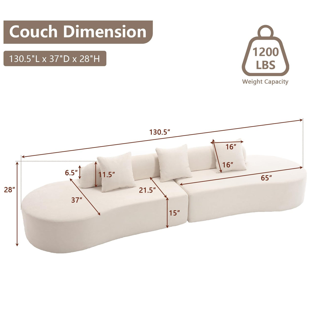 Suheww 130.5” Curved Sofa for Living Room, Cloud Sectional Couch Modern Boneless Lounge Sofa, 4-Seater Beige Oversized Compressed Couch with 3 Pillows for Apartment Bedroom Office Suheww