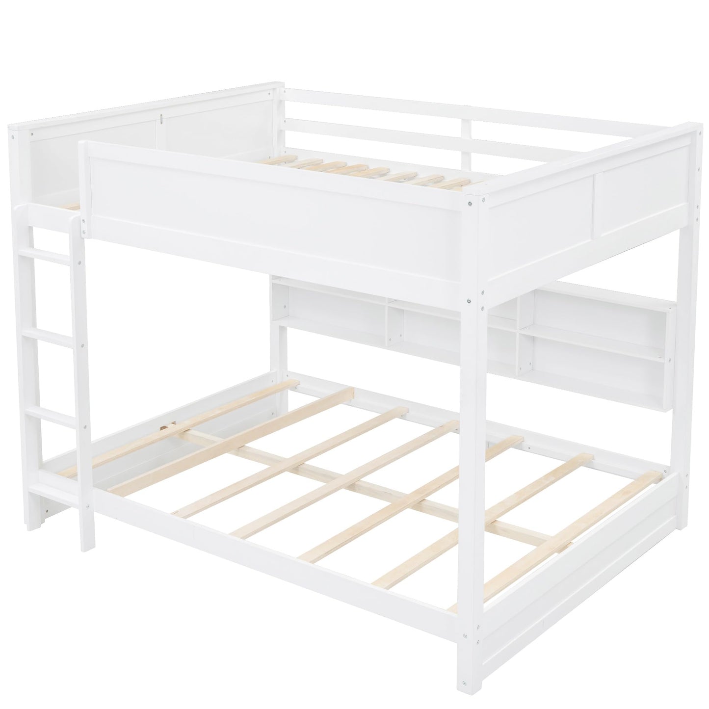 Harper & Bright Designs Queen Over Queen Bunk Beds with Built-in Storage Shelves, Wooden Queen Bunk Bed with USB Ports, Kids Bunk Bed Queen Size, No Box Spring Needed, White