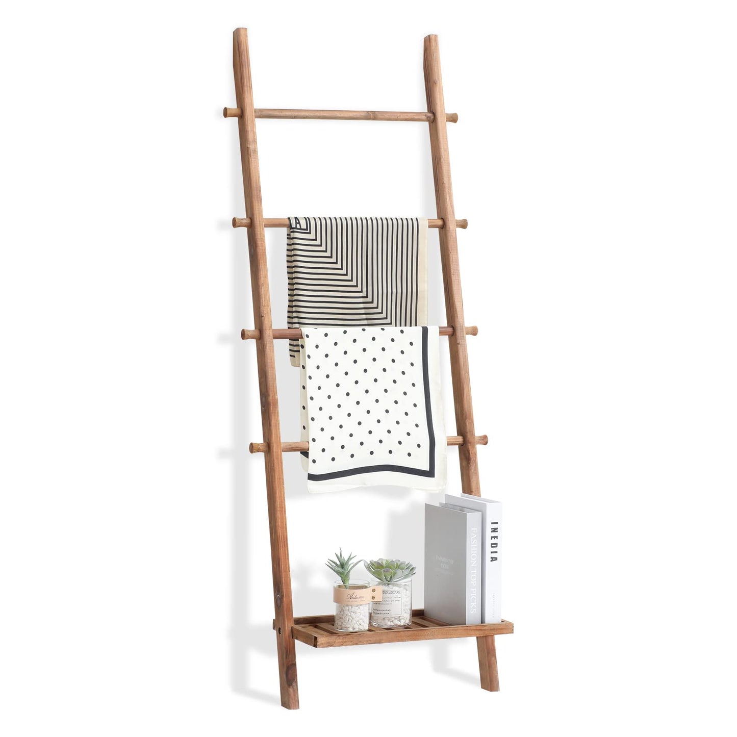 FUIN 5ft Wood Blanket Ladder with Bottom Shelf for Living Room Decorative Wall Leaning Farmhouse Quilt Display Holder Storage Rustic Wooden Towel Rack for Bathroom, Light Brown - WoodArtSupply